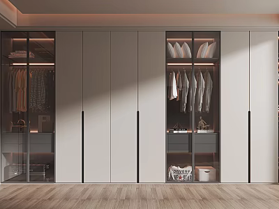 Modern Wardrobe Interior Design With Glass Doors Metal Handles And Clothing Storage Shelves 3d model