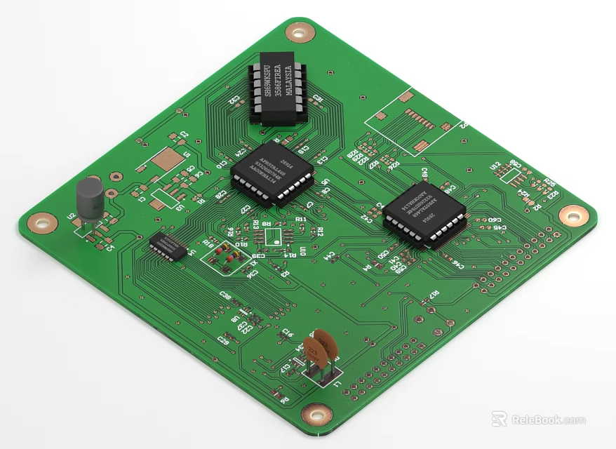 Green Circuit Board With Chips Electronic Components And Metal Mounting Holes 3d model 