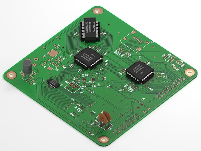 Green Circuit Board With Chips Electronic Components And Metal Mounting Holes 3d model