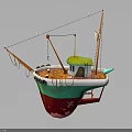 Vibrant Fishing Boat With Green Red White Hull Mast Crane And Small Cabin