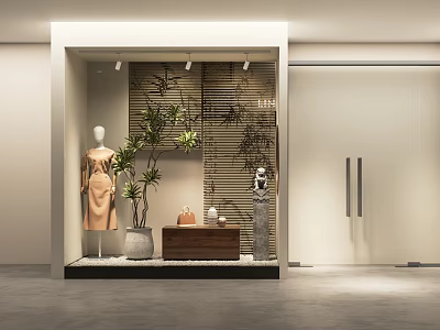 Modern Clothing Store Window Display With Mannequin Dress Green Plant Decorations And Textured Wall 3d model