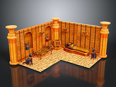 Ancient Egyptian Interior Scenery Featuring Sarcophagus Columns Murals Statues And Decorated Walls 3d model