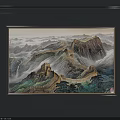 Chinese Great Wall Landscape Painting with Misty Mountains and Rolling Clouds