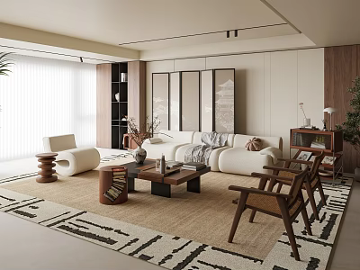 Modern Living Room Interior Design With White Sofa Wooden Chairs Coffee Table And Rug 3d model