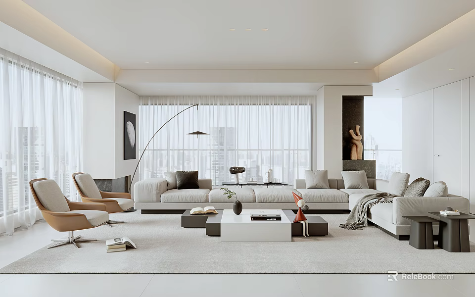 Modern White Living Room Interior With Floor-to-Ceiling Windows Sofa Armchairs And Coffee Table Rug 3d model 