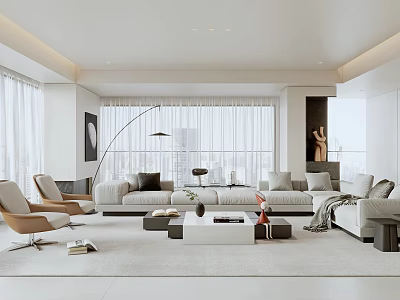 Modern White Living Room Interior With Floor-to-Ceiling Windows Sofa Armchairs And Coffee Table Rug 3d model