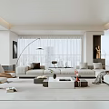 Modern White Living Room Interior With Floor-to-Ceiling Windows Sofa Armchairs And Coffee Table Rug