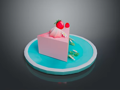 Pink Cake Slice With Fresh Strawberries Cream And Green Leaves On Blue Plate 3d model