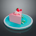 Pink Cake Slice With Fresh Strawberries Cream And Green Leaves On Blue Plate