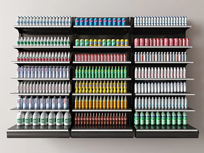 Neatly Arranged Display Shelves With Various Colored Bottles And Cans In Store 3d model