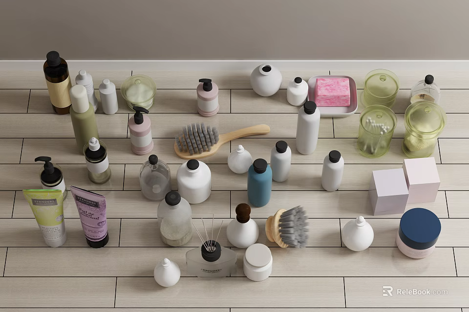 Essential Bathroom Accessories For Daily Use With Bottles Brushes And Soap 3d model 