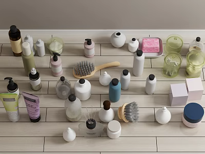 Essential Bathroom Accessories For Daily Use With Bottles Brushes And Soap 3d model