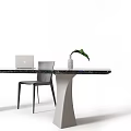 Modern Rectangular Desk With Metal And White Pedestal Bases Books Cup Potted Plant And Chair
