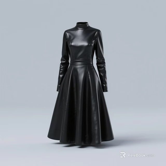 Elegant Black Leather Dress With High Neck Long Sleeves And Fitted Waist A-line Silhouette 3d model 