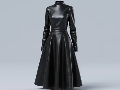 Elegant Black Leather Dress With High Neck Long Sleeves And Fitted Waist A-line Silhouette 3d model