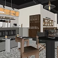 Modern Café Interior Design With Coffee Bar Brick Wall Wooden Chairs And Pendant Lights