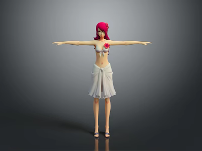 Game Or Movie Character With Pink Hair White Crop Top Red Flower And White Skirt 3d model