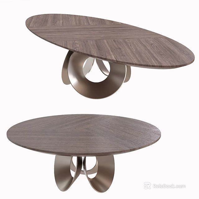Modern Round Dining Table With Wooden Top And Circular Metal Base Design 3d model 