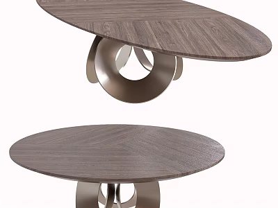 Modern Round Dining Table With Wooden Top And Circular Metal Base Design 3d model