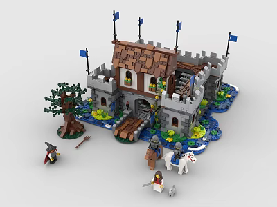 Building Blocks Medieval Castle Design with Towers Flags Mini Figures Tree and Bridge 3d model