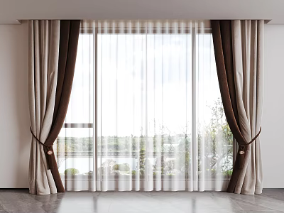 Brown And Beige Curtains With Sheer Panels And Tiebacks For Window With Natural View 3d model
