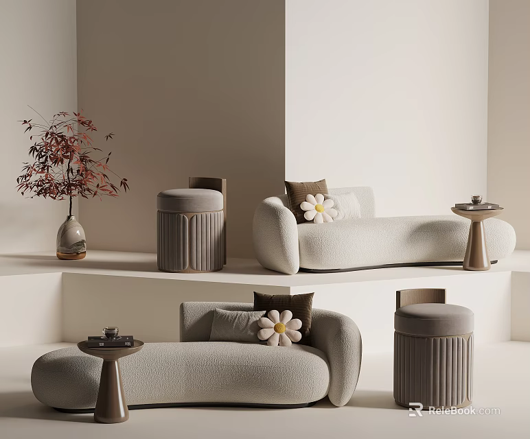 Modern Single Sofa With Flower Pattern Pillow Side Table And Stool 3d model 