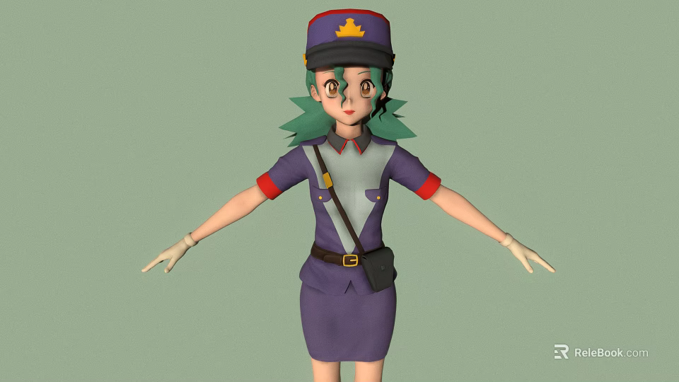 Anime 3D Character Model With Purple Uniform Green Hair Hat Yellow Badge And Red Cuffs 3d model 