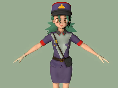 Anime 3D Character Model With Purple Uniform Green Hair Hat Yellow Badge And Red Cuffs 3d model