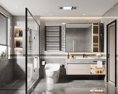 Modern Bathroom Interior Design With Grey Tiles Shower Enclosure Toilet Vanity And Towel Rack 3d model