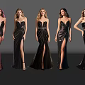 Multiple Women Wearing Black Sequin Evening Gowns With High Slit Design Against Gray Background