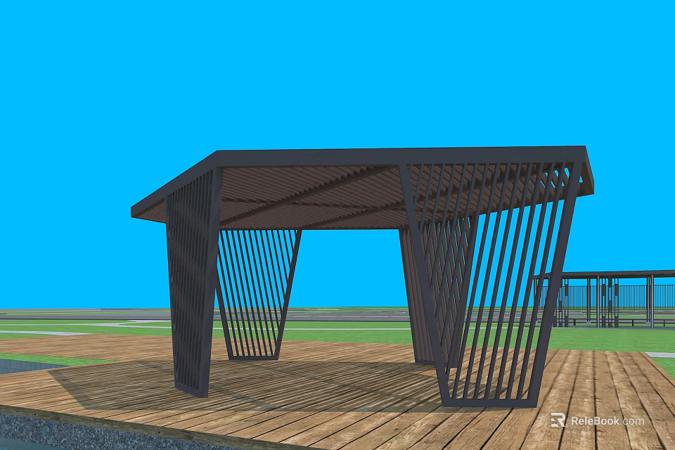 Modern Garden Landscape Pergola With Metal Frame Vertical Slats Wooden Deck Blue Sky Open Grass 3d model 