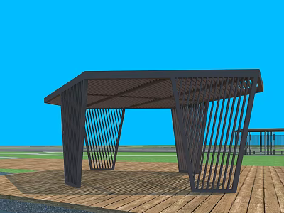 Modern Garden Landscape Pergola With Metal Frame Vertical Slats Wooden Deck Blue Sky Open Grass 3d model