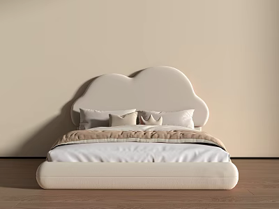 Soft White Upholstered Children's Bed With Cloud Shaped Headboard And Crown Pillow 3d model