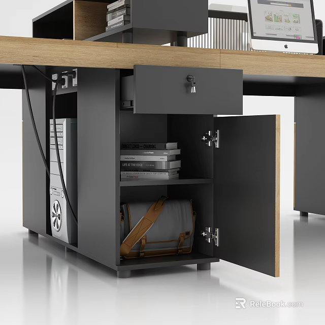 Modern Office Desk With Drawer Open Cabinet Door Storage Books And Organized Items 3d model 