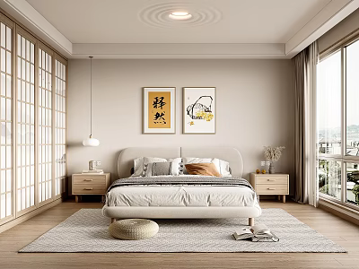 Modern Bedroom Interior With Comfortable Bed Nightstands And Decorative Wall Art 3d model