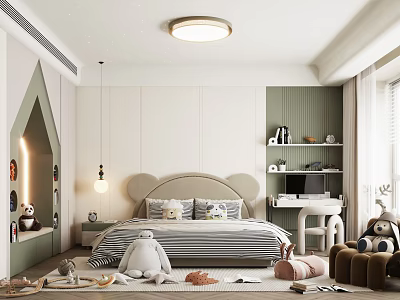 Cozy Kids Bedroom With Bear Shaped Headboard Toys And Study Area 3d model