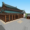 Ancient Chinese Architecture with Classic Eaves Wooden Columns and Stone Steps Plaza