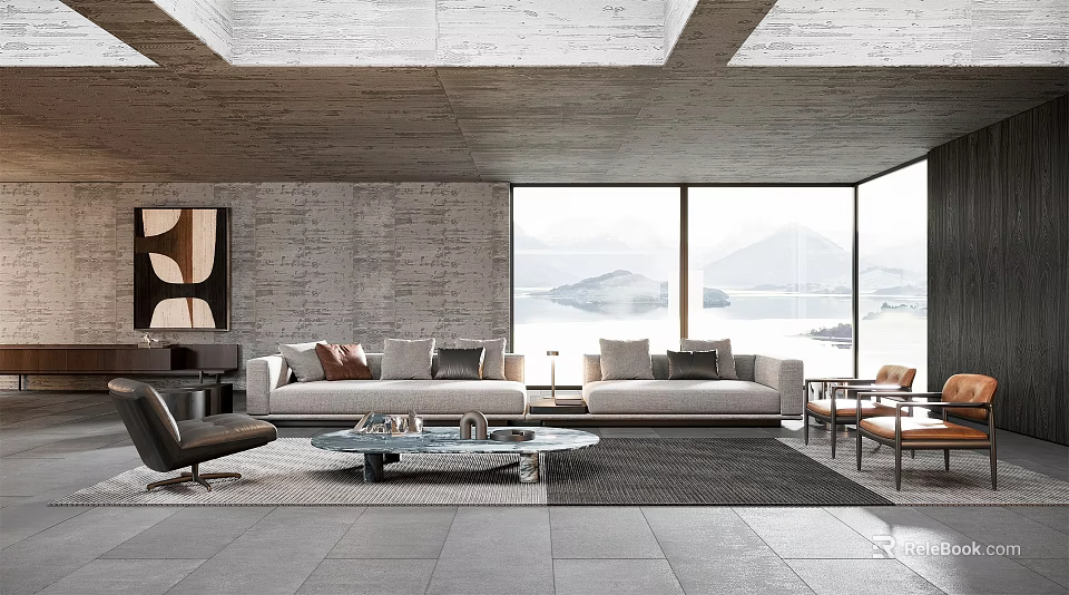 Modern Gray Sofa Glass Coffee Table Set In Living Room With Accent Pillows Scenic View 3d model 