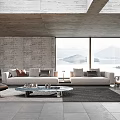 Modern Gray Sofa Glass Coffee Table Set In Living Room With Accent Pillows Scenic View
