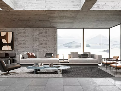 Modern Gray Sofa Glass Coffee Table Set In Living Room With Accent Pillows Scenic View 3d model