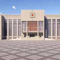 Beige Exterior Office Building With Symmetrical Design Large Windows Front Emblem And Plaza