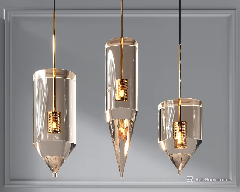 Modern Transparent Glass Pendant Lights With Gold Metal Accents Hanging On Gray Wall 3d model 