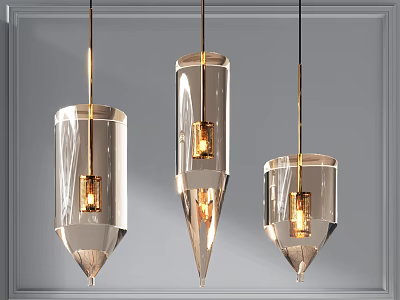 Modern Transparent Glass Pendant Lights With Gold Metal Accents Hanging On Gray Wall 3d model