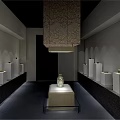 Cultural Center Interior Design With Artwork Exhibits Display Stands And Decorative Pendants
