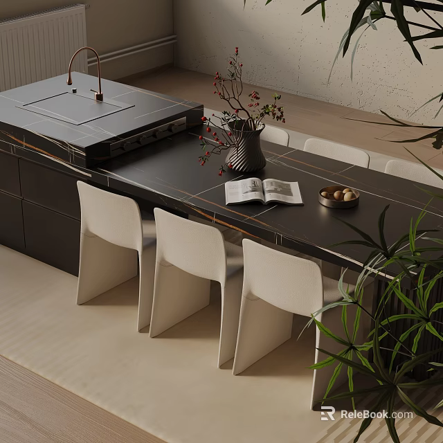 Modern Black Countertop Dining Table Set with White Chairs Open Book Nut Bowl and Vase 3d model 