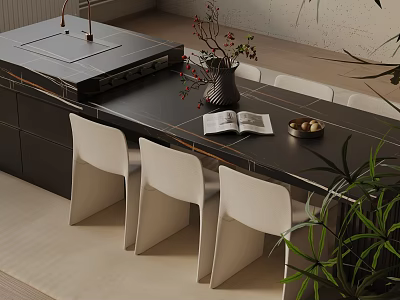 Modern Black Countertop Dining Table Set with White Chairs Open Book Nut Bowl and Vase 3d model