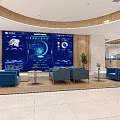 Modern Hotel Lobby With Large Blue Digital Screen Blue Sofas Wooden Decor And Green Plants