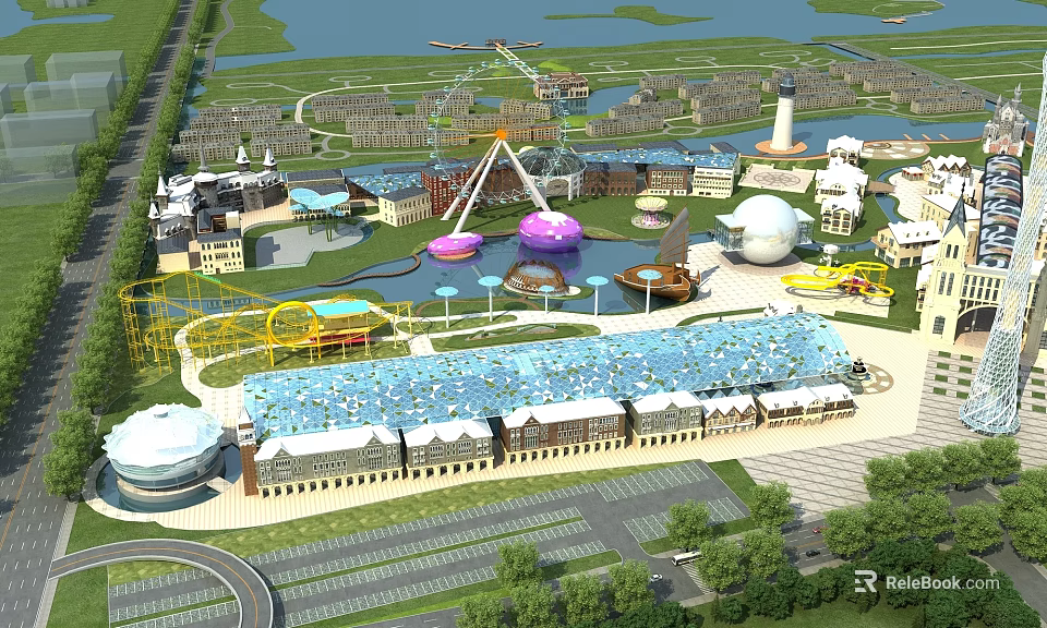 Colorful Amusement Park With Ferris Wheel Roller Coaster Water Pool And Dome Buildings 3d model 