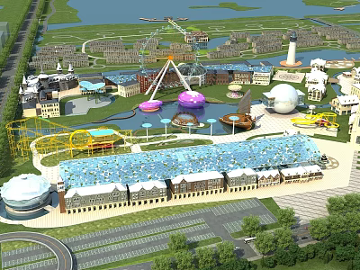 Colorful Amusement Park With Ferris Wheel Roller Coaster Water Pool And Dome Buildings 3d model