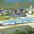 Colorful Amusement Park With Ferris Wheel Roller Coaster Water Pool And Dome Buildings